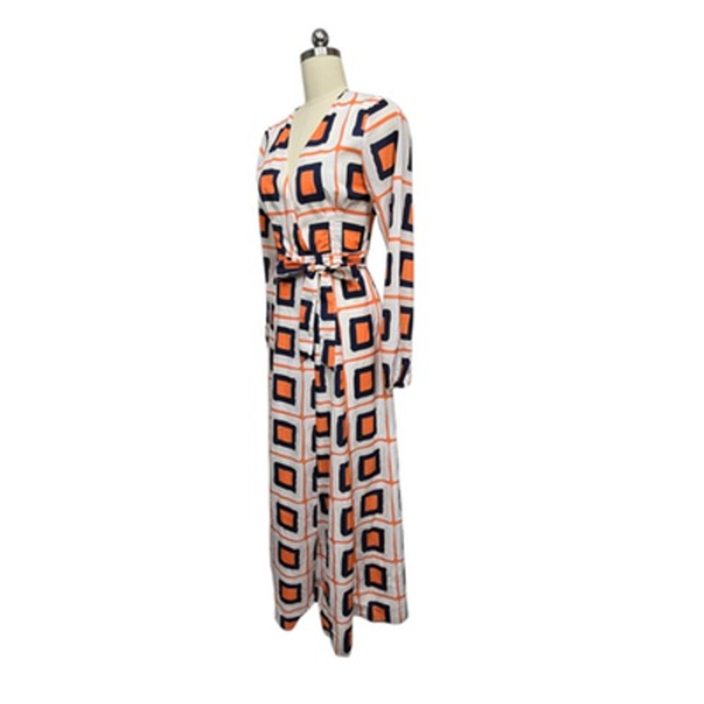 Hutch Wrap Maxi Dress Womens XS White Orange Geometric Long Sleeve Belted V Neck - Picture 9 of 12
